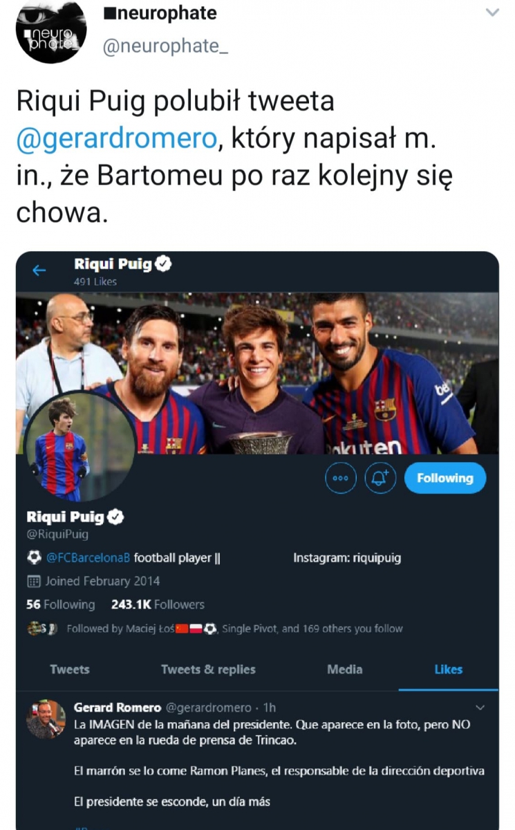 TEGO TWEETA polubił Riqui Puig